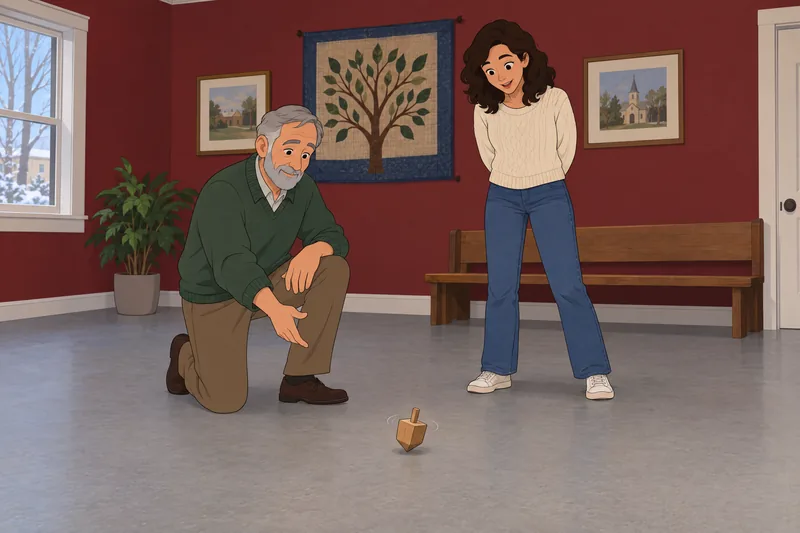 Hanukkah Quiz shows a learner spinning a dreidel.