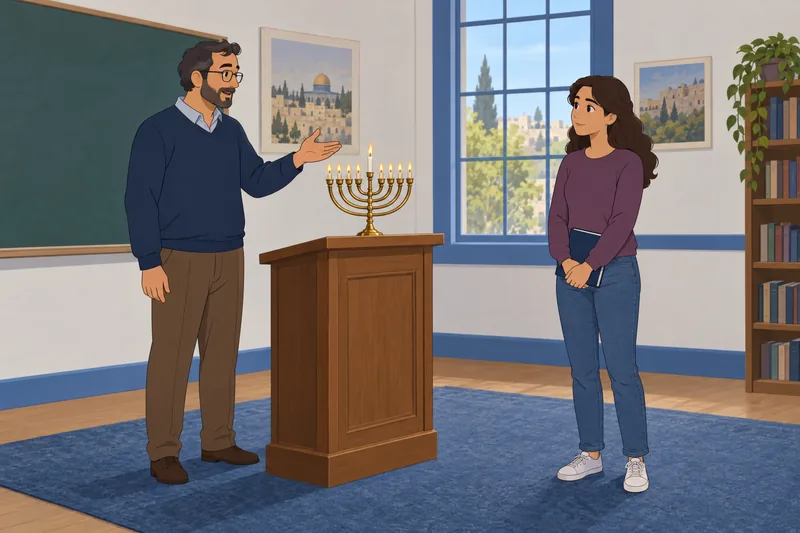 Hanukkah Quiz shows an educator placing a candle.