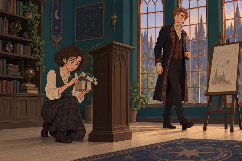 Harry Potter 7 studies a brass hourglass.