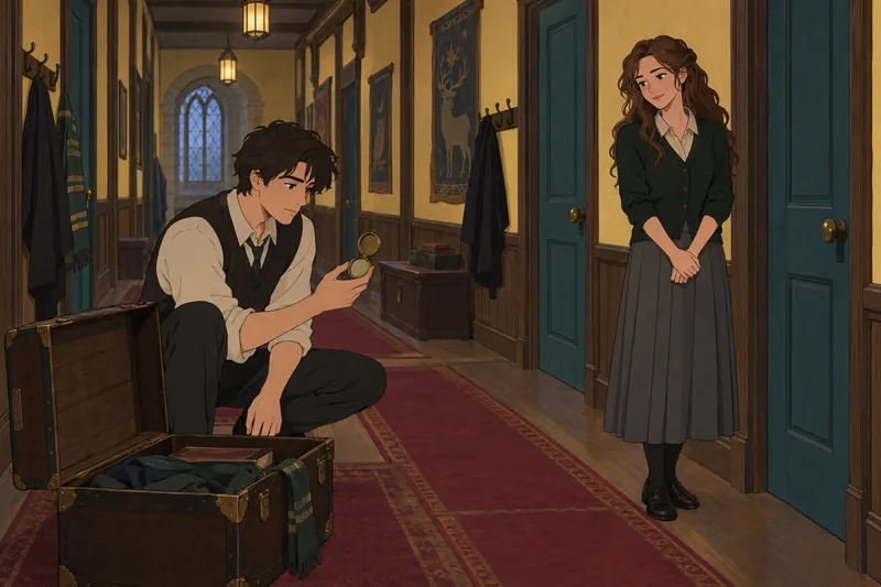 Harry Potter Boyfriend choices gather beside the doorway.