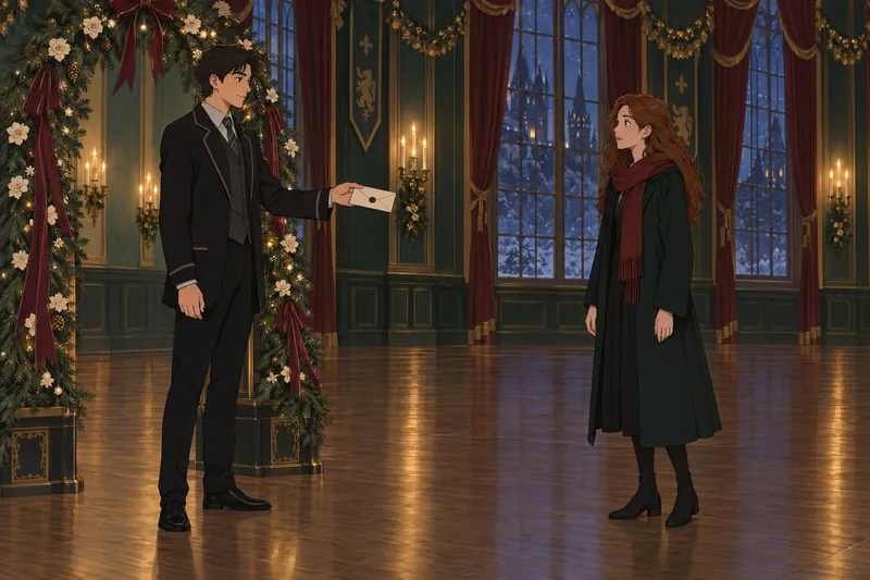 Harry Potter Yule invitation scene in a ballroom.
