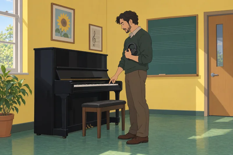 Harry Styles Song recall beside an upright piano.