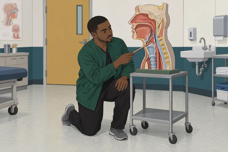 Head and Neck learner studies a larynx model.