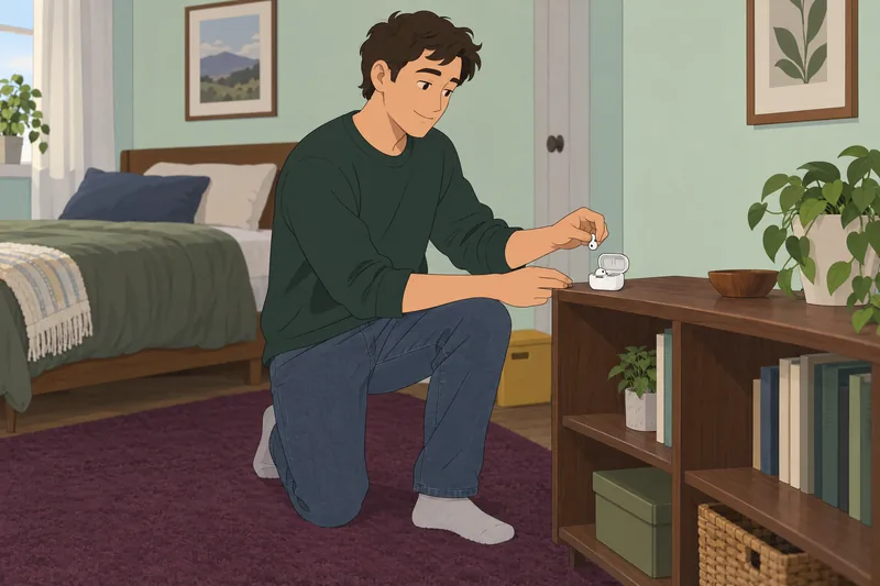 Headphone Quiz shows a learner storing wireless earbuds.