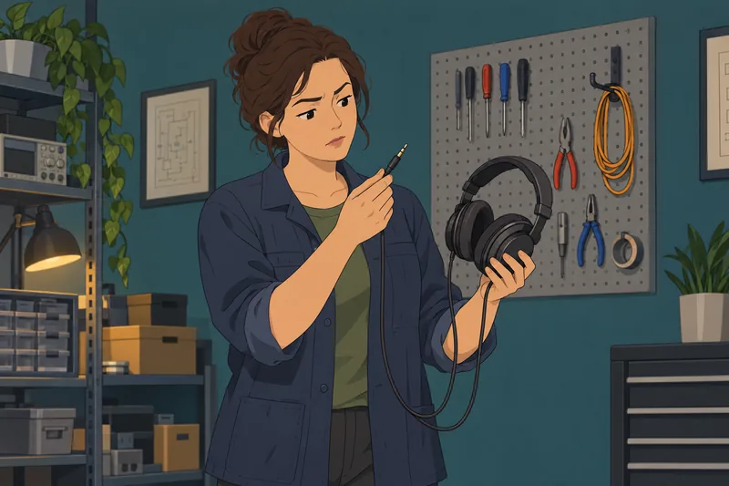 Headphone Quiz shows a technician checking a cable.