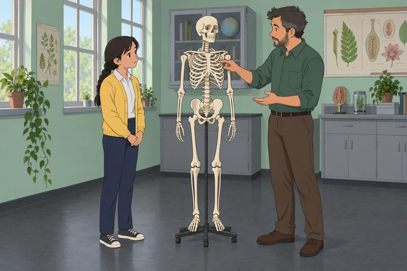 Health Quiz for: teen studies a skeleton model.