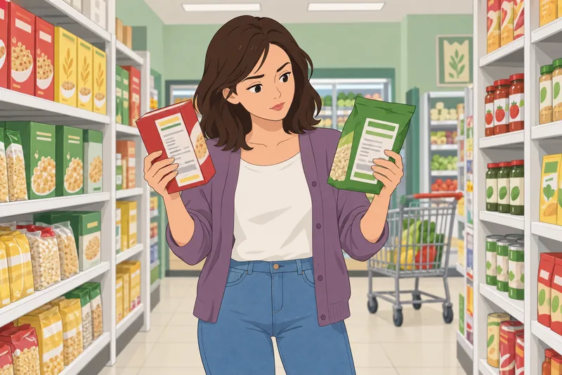 Healthy Food Quiz shows a shopper reading labels.