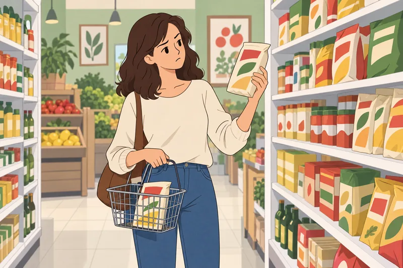 cuestionario sobre alimentación muestra una compradora leyendo etiquetas.