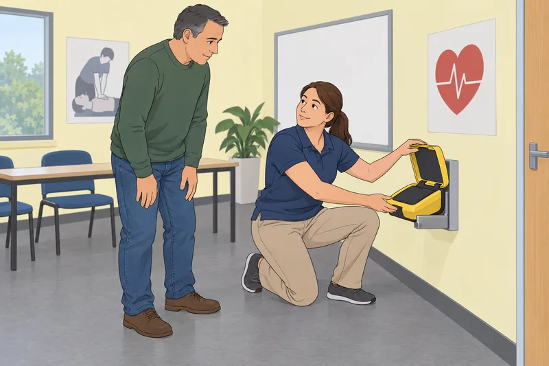 Heart Health Quiz: An instructor opens an AED.