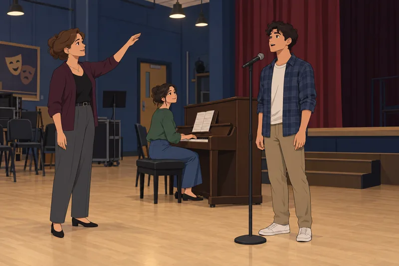 Heathers Quiz scene in a school rehearsal room.