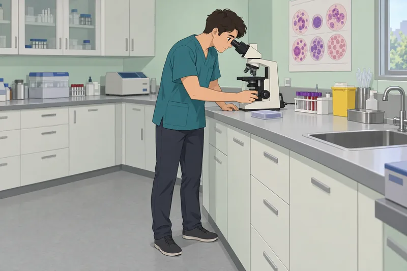 Hematology Quiz appears in a specimen laboratory.