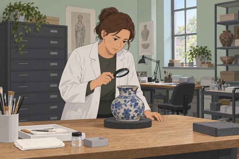 Heritage Quiz shows a conservator examining pottery.