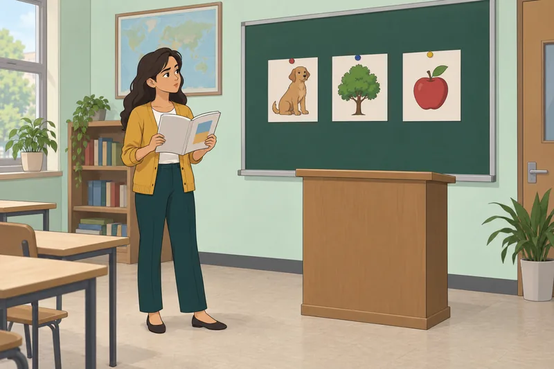 Quiz de hindi en un aula con tarjetas.