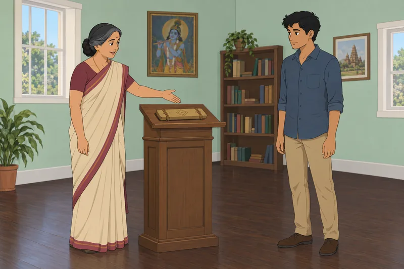 Hinduism Quiz shows a teacher beside scripture.
