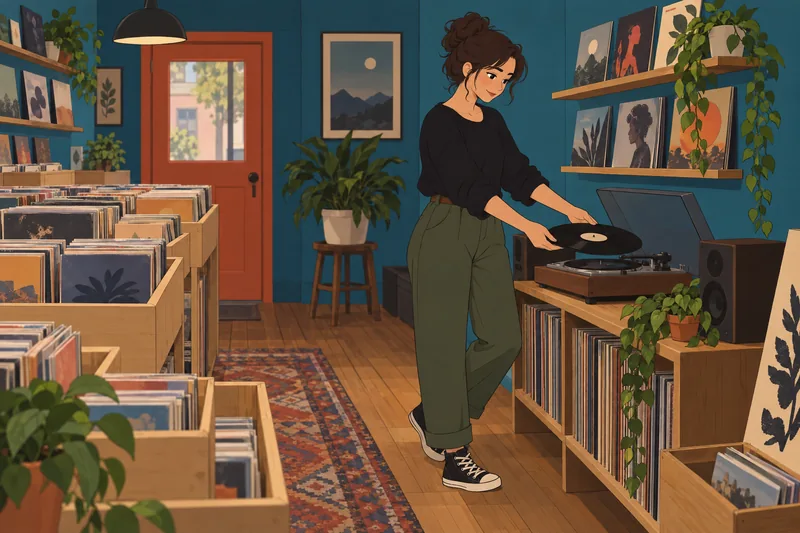 Hipster Quiz: a record-shop volunteer sorts vinyl.
