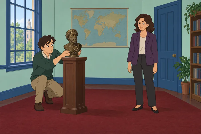 Historical Figures Quiz: a student examines a bust.