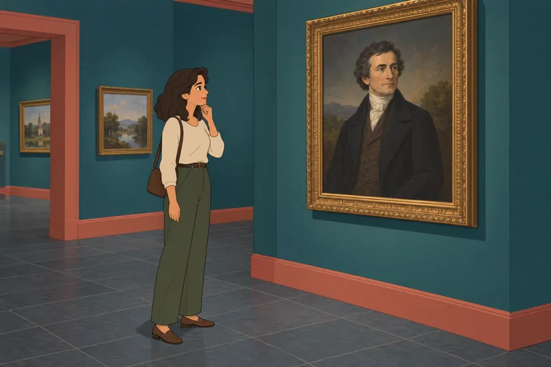 Historical Figures Quiz: a curator studies a portrait.