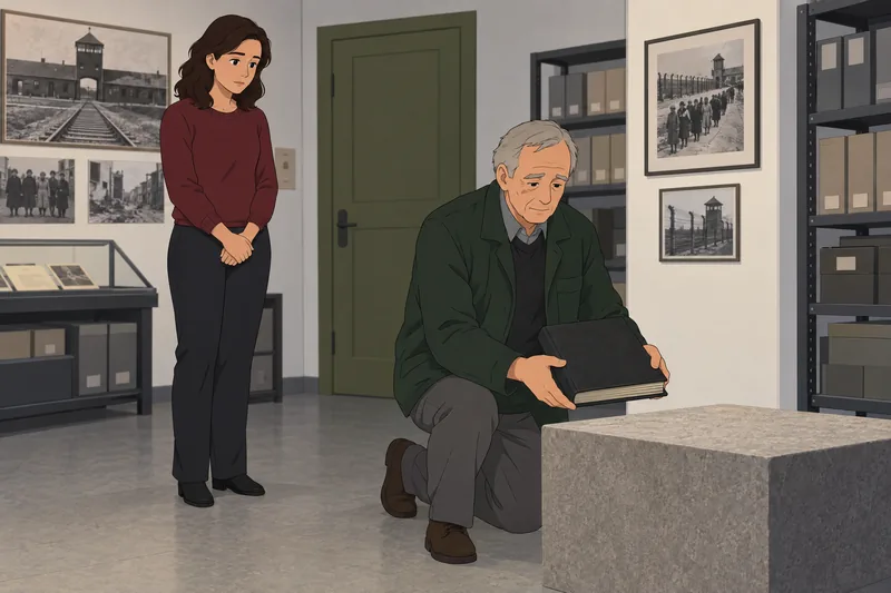Holocaust Quiz shows an archivist studying a suitcase.