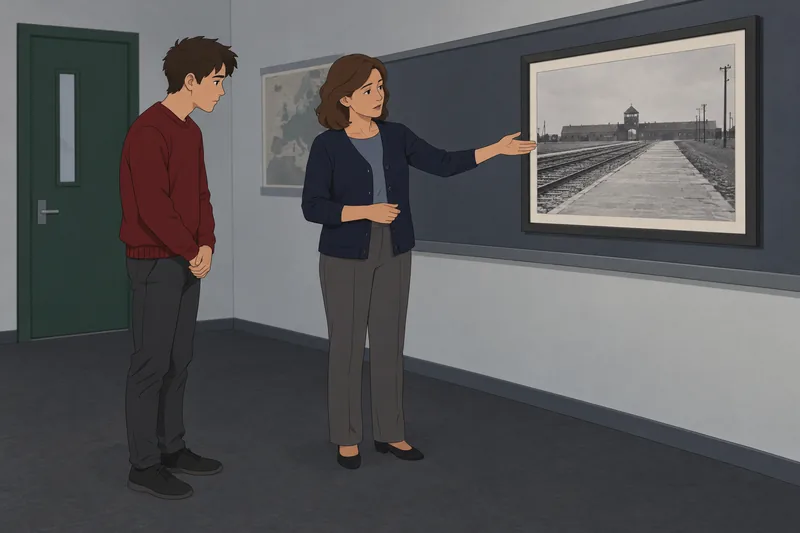 Holocaust Quiz shows a teacher reviewing historical evidence.
