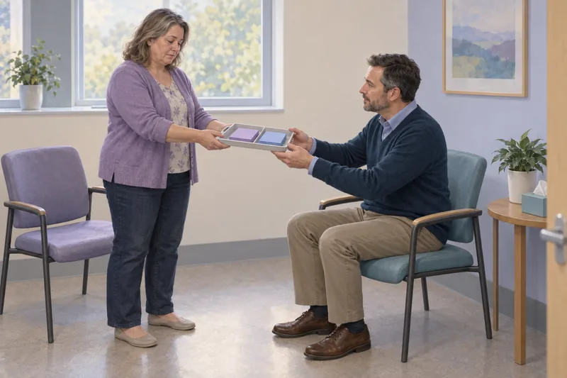 Hospital Anxiety: she hands him cards