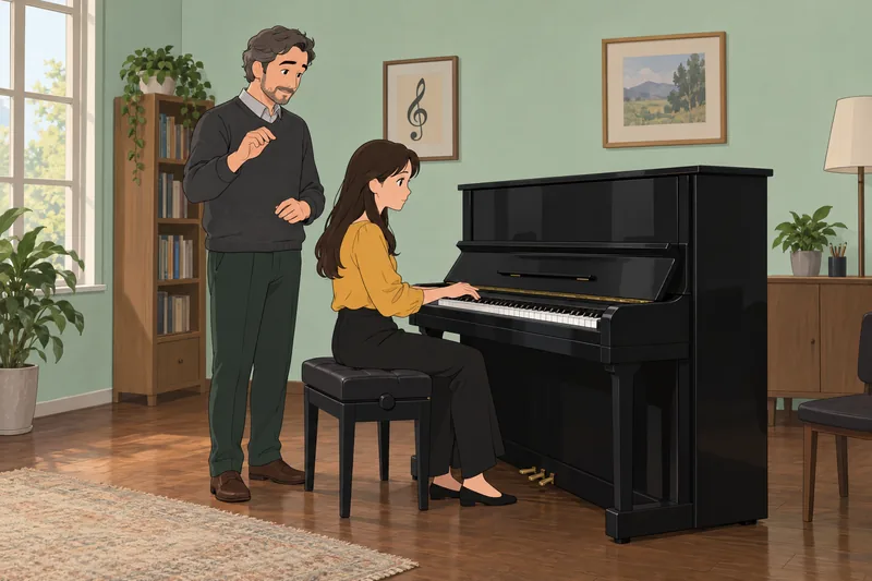 How Cultured Are: student plays the upright piano.