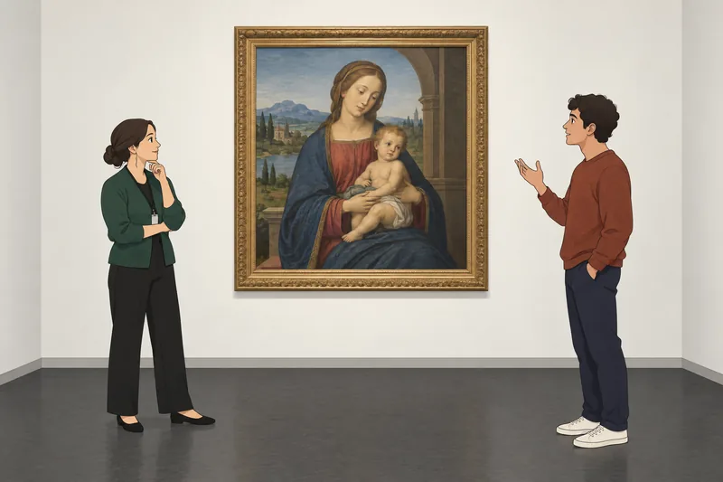 «cuestionario ¿Qué tan»: visitante estudia una pintura.