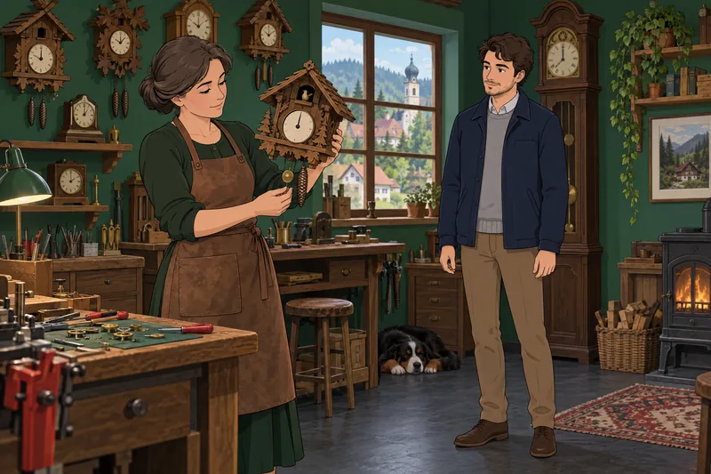 How German Are beside a wooden cuckoo clock.
