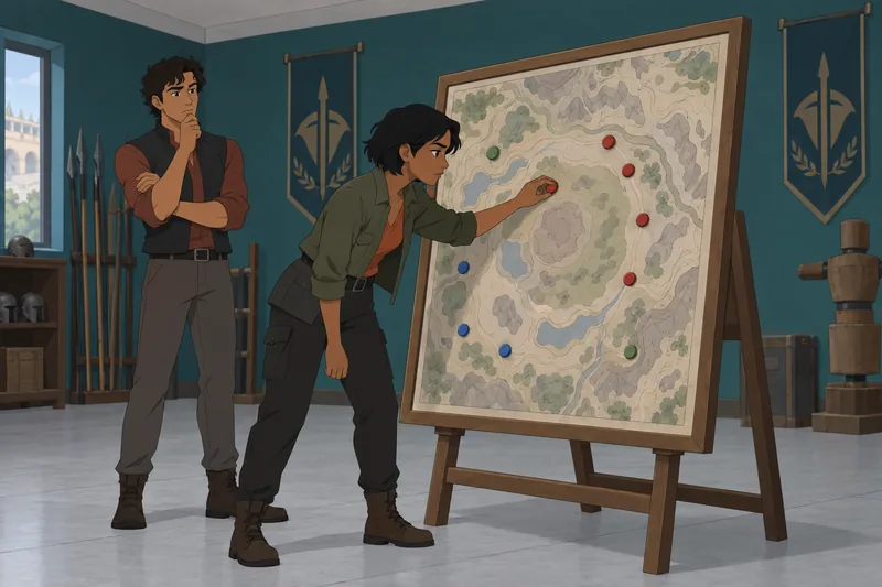 Hunger Games Character contestant studies an arena map.