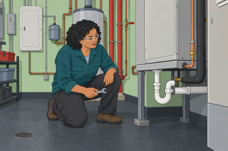 HVAC Quiz: technician inspects a condensate trap.