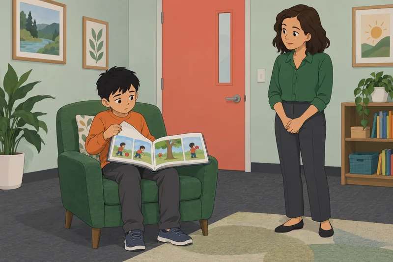 Hyperlexia Quiz shows an adult interpreting picture cards.