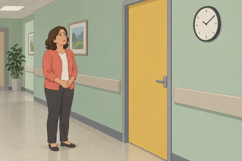 Integrative Anxiety Test: tense woman near clinic door.