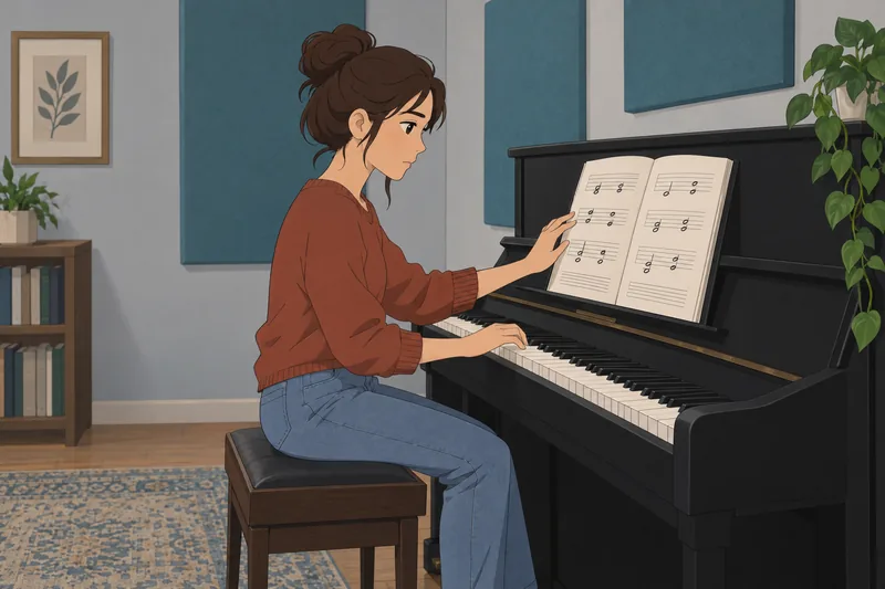 Interval Quiz: pianist checks two keys.