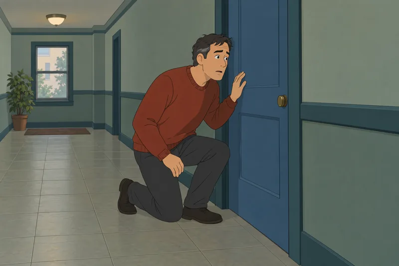 Intolerance of Uncertainty: man listens beside closed door.