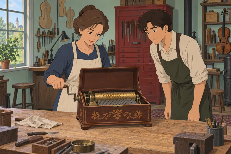 Invention Quiz: A conservator studies a player piano.