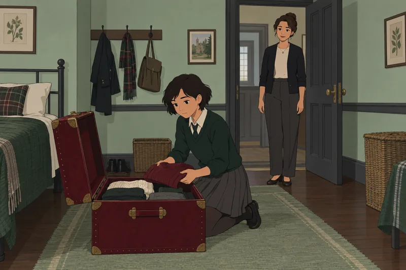 Is Boarding School: Student unpacks in a dorm.