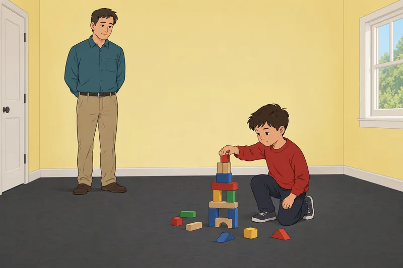 "Is My Dad" watches a child build blocks.