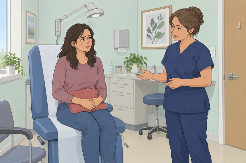 Is My Period: Patient discusses pain in clinic.