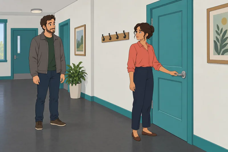 Is She Into a quiet hallway pause.