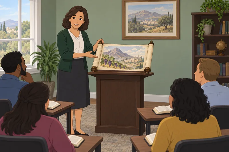 Isaiah Quiz shows a teacher studying a scroll.