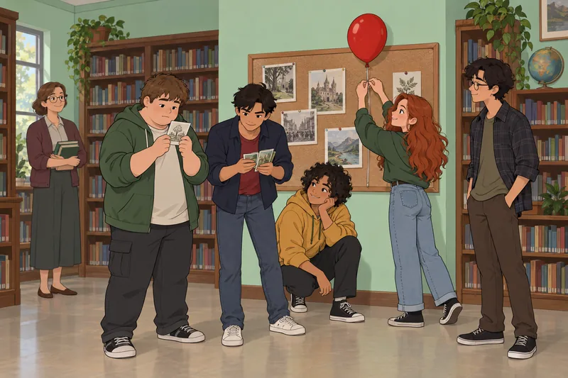 Quiz de personajes: amigos observan un globo rojo.