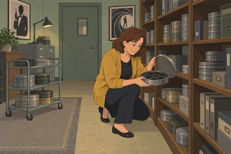 James Bond Quiz: archivist studies a film reel.