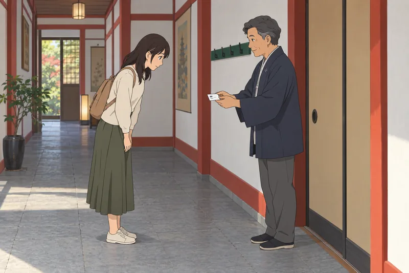 Japanese Name Quiz: visitor practices a respectful bow.