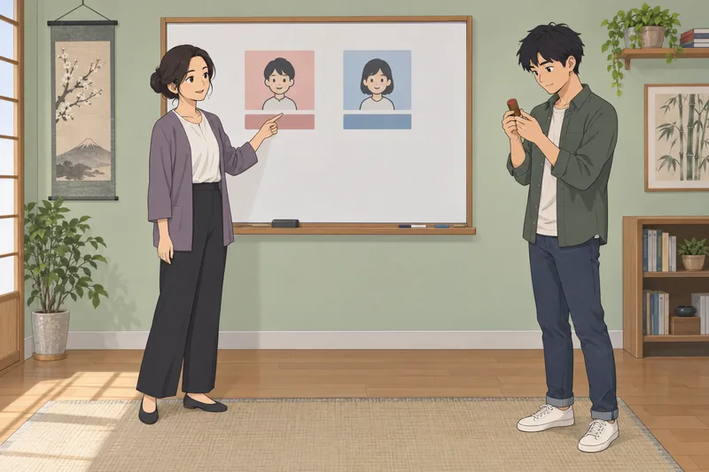 Japanese Name Quiz: learner examines a wooden seal.