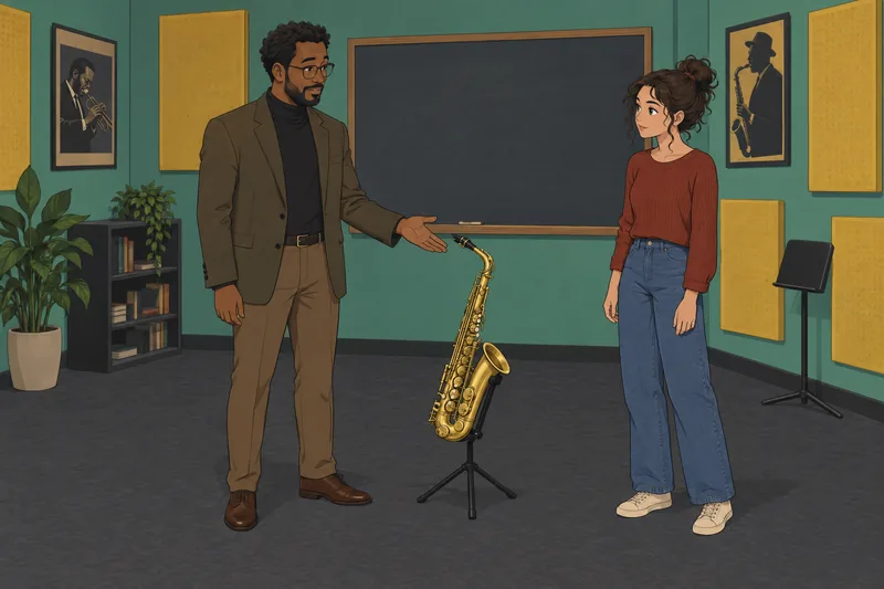 Jazz Quiz shows a teacher presenting a saxophone.