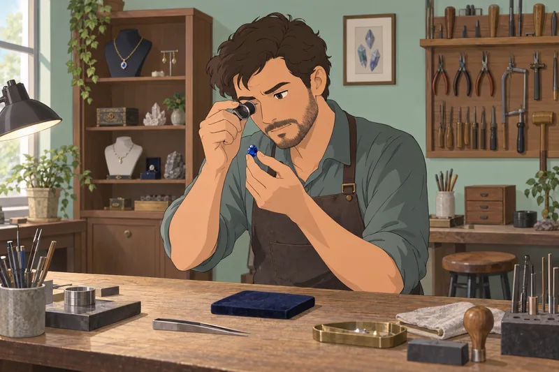 Jewelry Quiz shows a jeweler inspecting a gemstone.