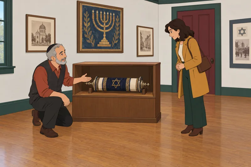 Jewish Quiz: visitor studies a Torah scroll.