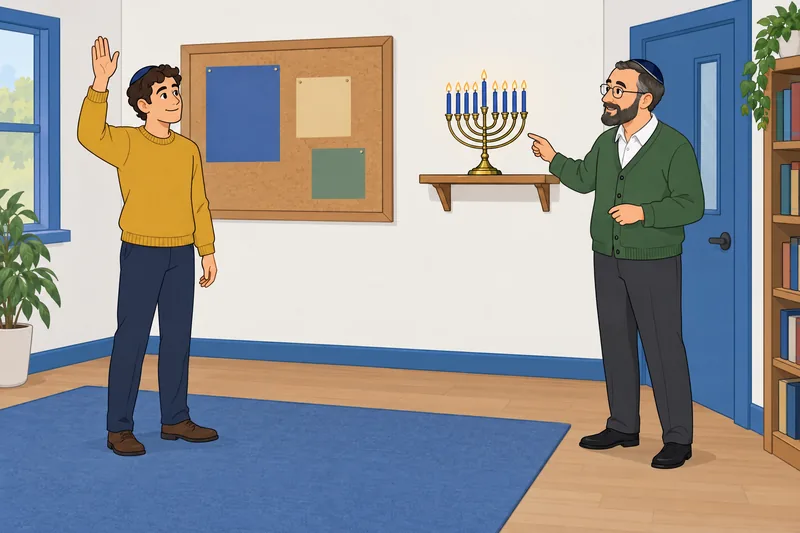 Jewish Quiz: learner answers beside a menorah.