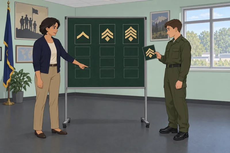 JROTC Ranks Quiz shows a cadet sorting insignia.
