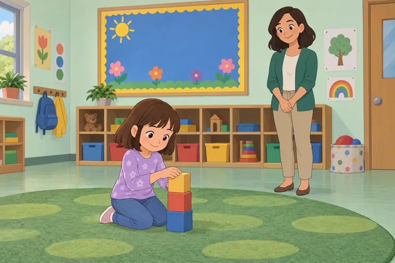 Junie B Jones arranges story blocks in class.