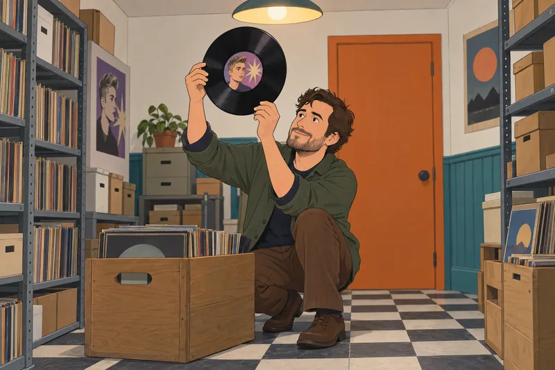 Justin Bieber Quiz: archivist studies a vinyl record.